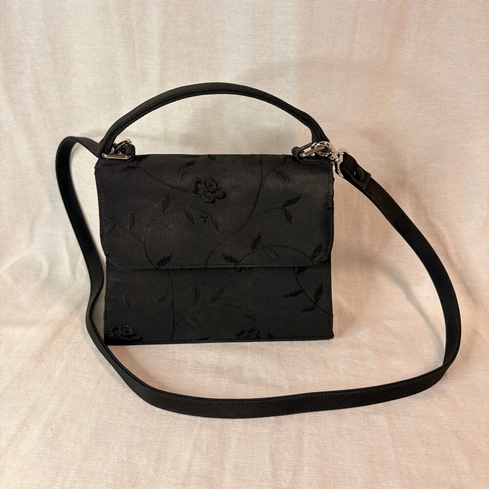 Amanda Smith Black Floral Satin Mini Bag Crossbody Top Handle Purse